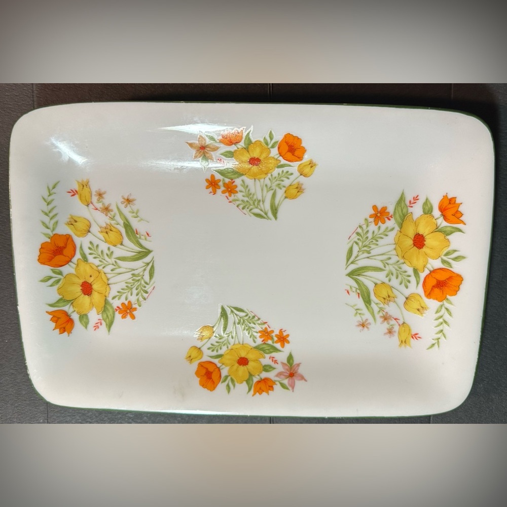 Japanese oven to table rectangular plates with yellow & orange flowers. Vintage.